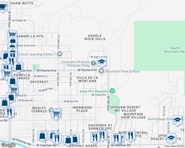 map of restaurants, bars, coffee shops, grocery stores, and more near 925 West Peoria Avenue in Phoenix
