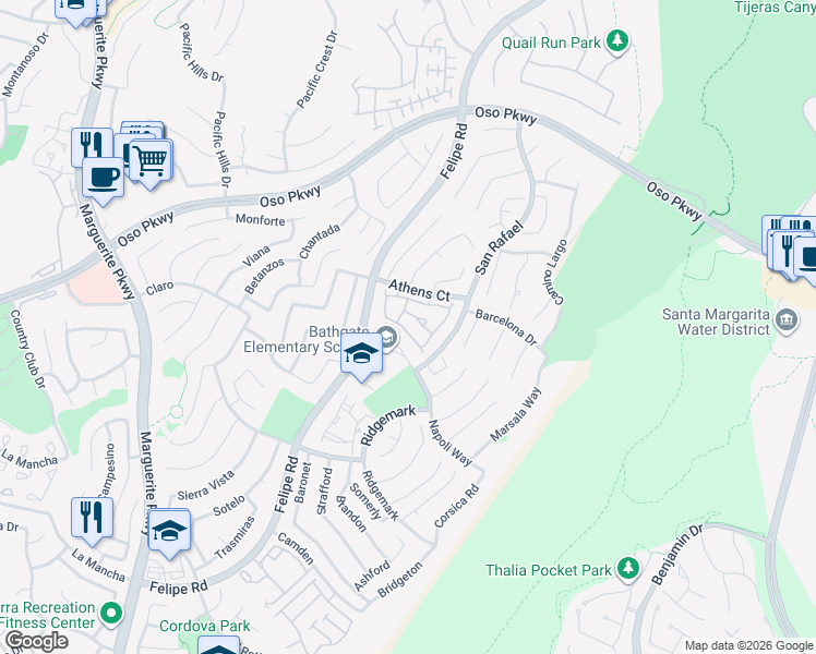map of restaurants, bars, coffee shops, grocery stores, and more near 26228 Devonshire in Mission Viejo
