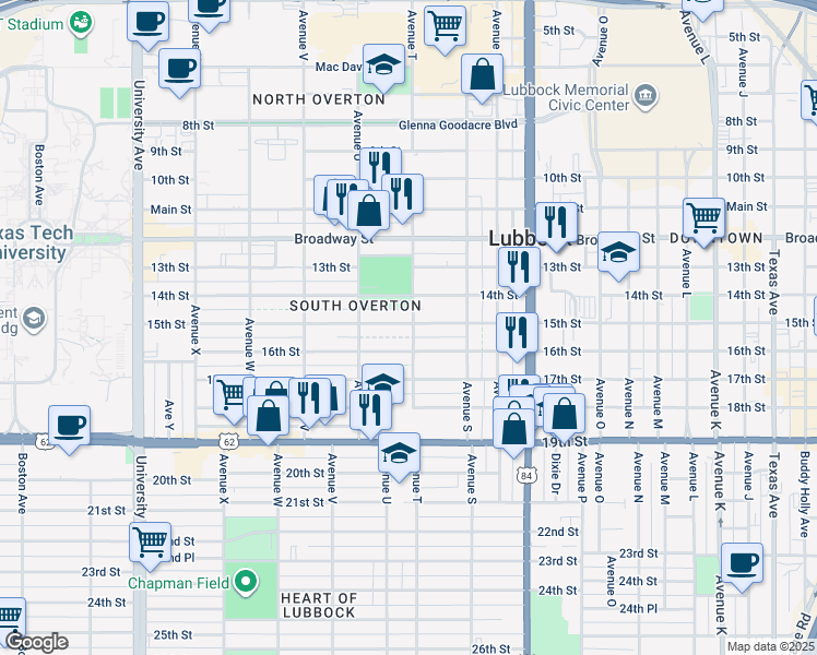 map of restaurants, bars, coffee shops, grocery stores, and more near 2008 15th Street in Lubbock