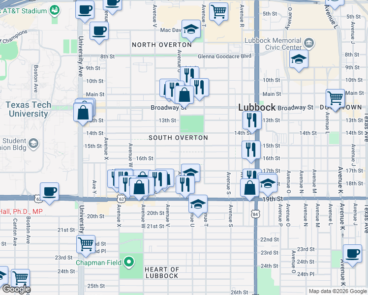 map of restaurants, bars, coffee shops, grocery stores, and more near 2123 15th Street in Lubbock