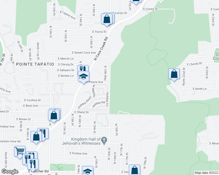 map of restaurants, bars, coffee shops, grocery stores, and more near 10401 North Cave Creek Road in Phoenix