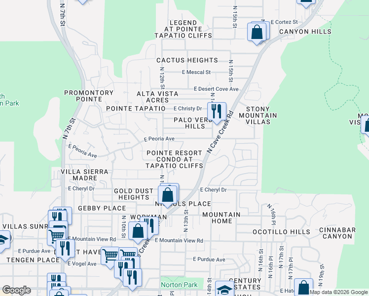 map of restaurants, bars, coffee shops, grocery stores, and more near 1304 East Peoria Avenue in Phoenix