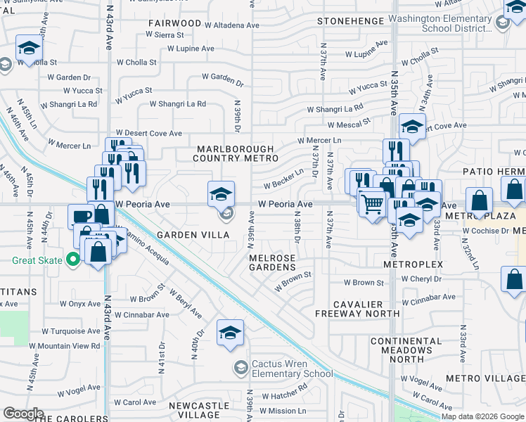 map of restaurants, bars, coffee shops, grocery stores, and more near 3830 West Peoria Avenue in Phoenix