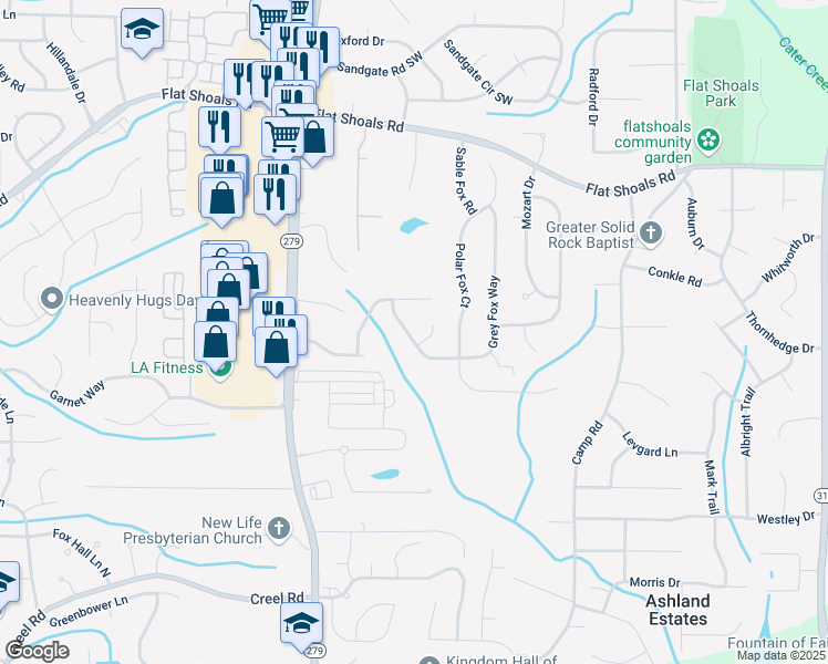 map of restaurants, bars, coffee shops, grocery stores, and more near 6487 Grey Fox Way in Riverdale