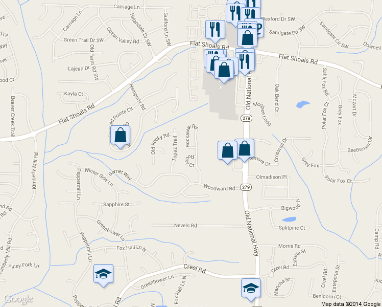 map of restaurants, bars, coffee shops, grocery stores, and more near 2565 Rocky Court in College Park