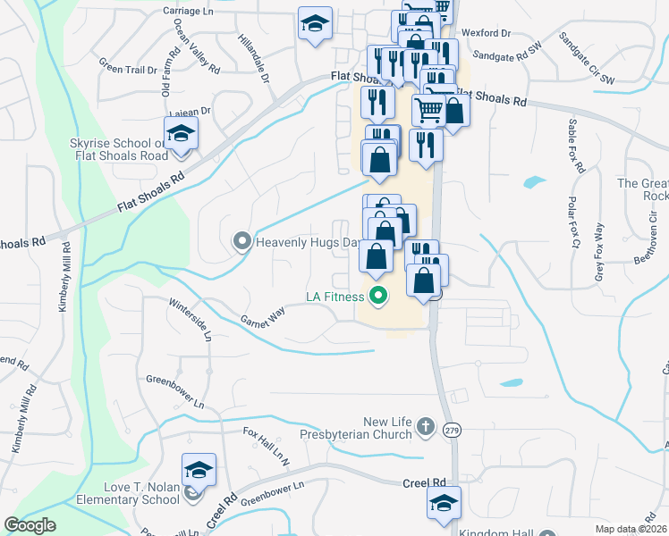 map of restaurants, bars, coffee shops, grocery stores, and more near 6042 Rockaway Road in Atlanta