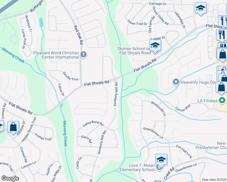 map of restaurants, bars, coffee shops, grocery stores, and more near 6335 Kimberly Mill Road in College Park
