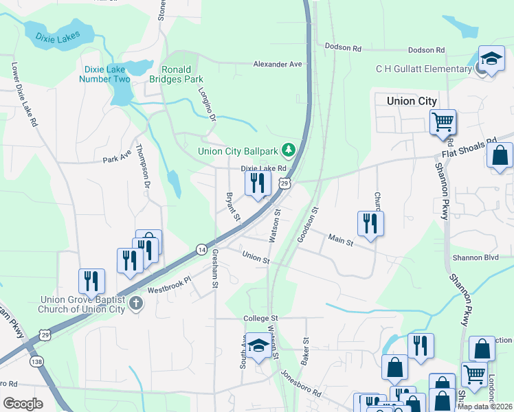 map of restaurants, bars, coffee shops, grocery stores, and more near 6369 Roosevelt Highway in Union City