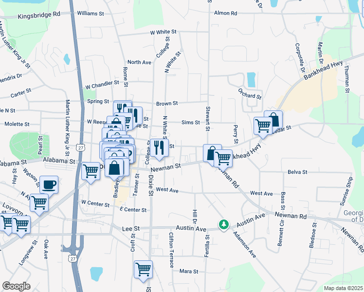 map of restaurants, bars, coffee shops, grocery stores, and more near 220 Cedar Street in Carrollton