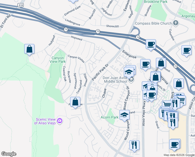 map of restaurants, bars, coffee shops, grocery stores, and more near 83 Breakers Lane in Aliso Viejo