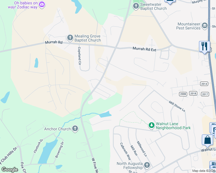 map of restaurants, bars, coffee shops, grocery stores, and more near 45 Laurel Oaks Drive in North Augusta