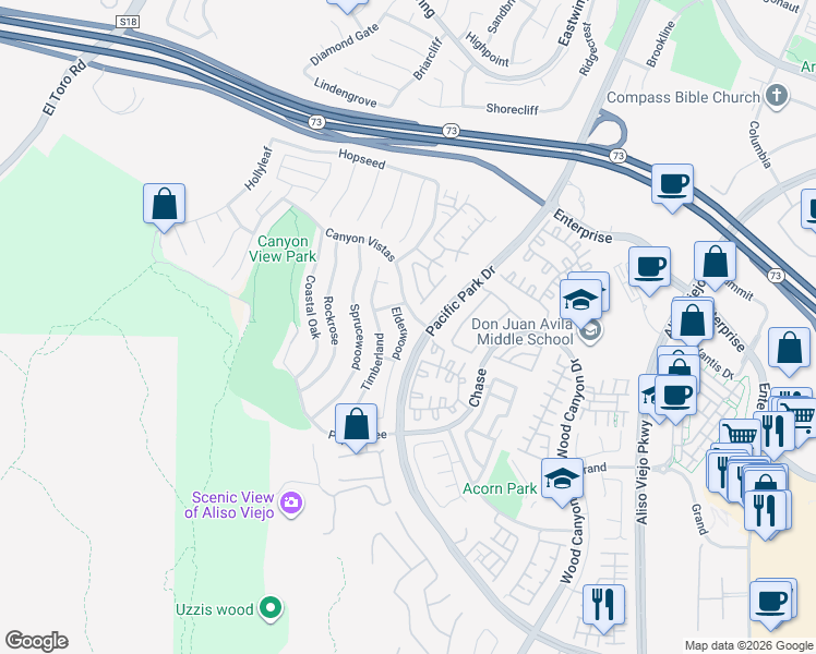 map of restaurants, bars, coffee shops, grocery stores, and more near 10 Elderwood in Aliso Viejo