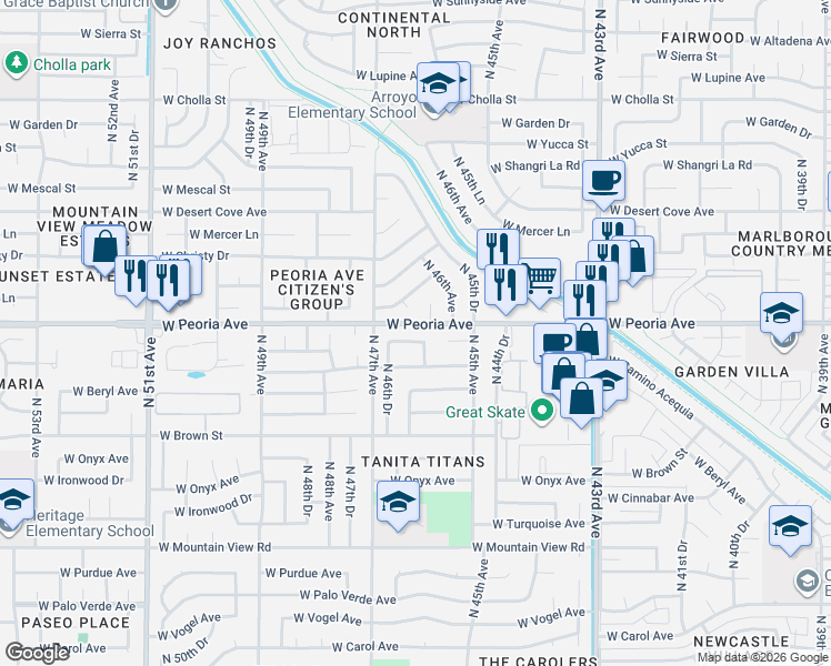 map of restaurants, bars, coffee shops, grocery stores, and more near 4608 W North Ln in Glendale