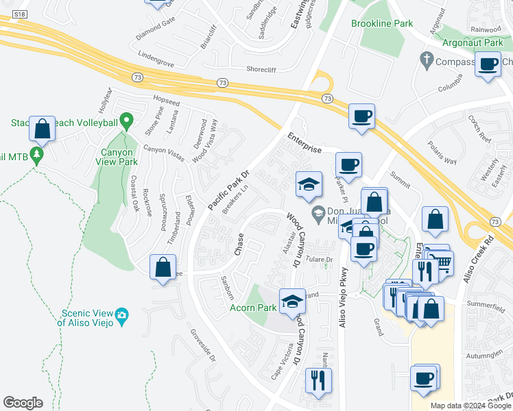 map of restaurants, bars, coffee shops, grocery stores, and more near 32 Carlsbad Lane in Aliso Viejo