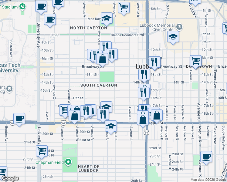 map of restaurants, bars, coffee shops, grocery stores, and more near 2008 15th Street in Lubbock