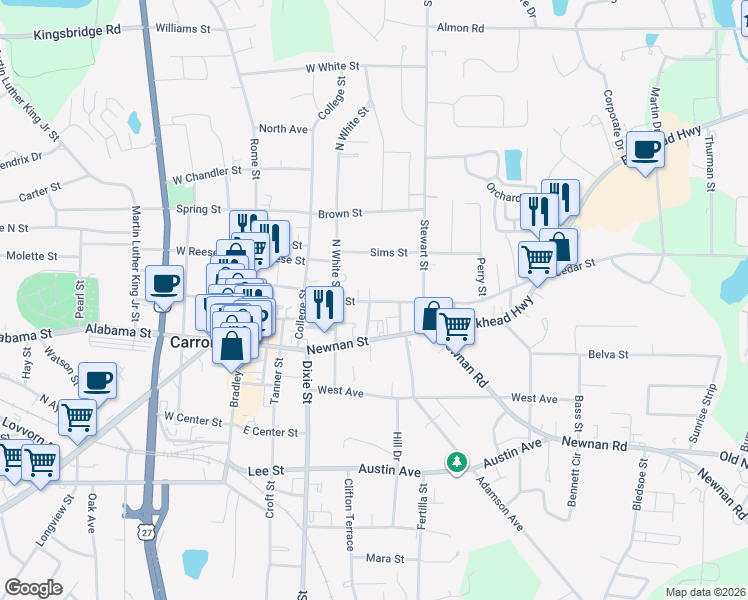 map of restaurants, bars, coffee shops, grocery stores, and more near 220 Cedar Street in Carrollton