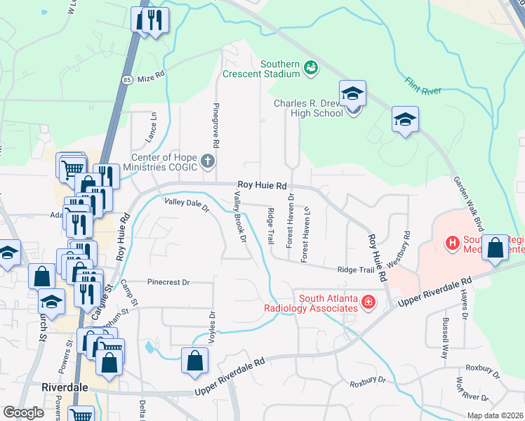 map of restaurants, bars, coffee shops, grocery stores, and more near 359 Ridge Trail in Riverdale