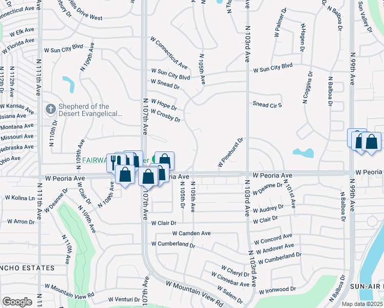map of restaurants, bars, coffee shops, grocery stores, and more near 10806 North Fairway Court West in Sun City