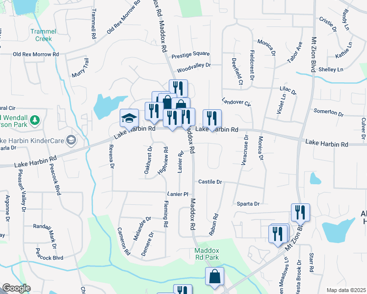 map of restaurants, bars, coffee shops, grocery stores, and more near 6355 Lanier Road in Morrow