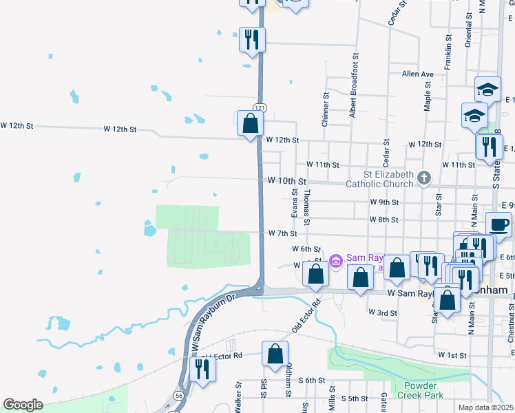map of restaurants, bars, coffee shops, grocery stores, and more near 825 Texas 121 in Trenton