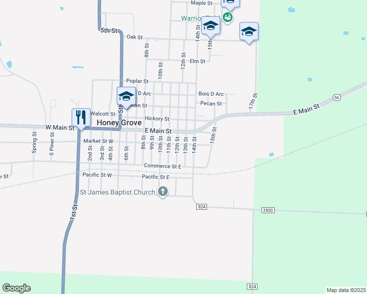 map of restaurants, bars, coffee shops, grocery stores, and more near 824 Market Street East in Honey Grove