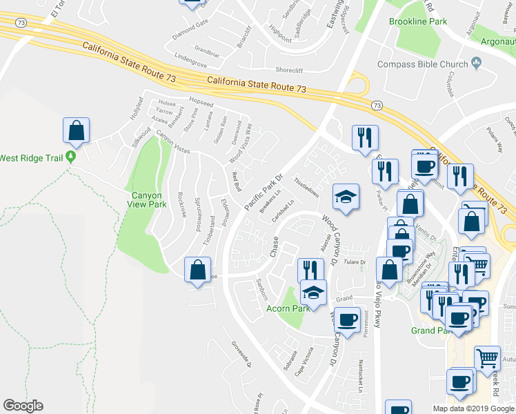 map of restaurants, bars, coffee shops, grocery stores, and more near 83 Breakers Lane in Aliso Viejo
