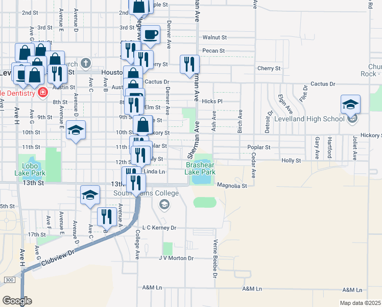 map of restaurants, bars, coffee shops, grocery stores, and more near 0 Sherman Avenue in Levelland