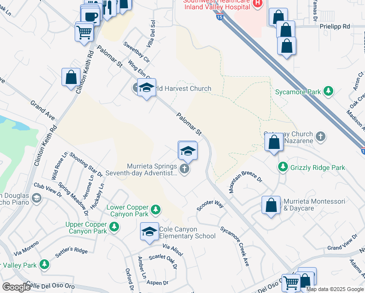 map of restaurants, bars, coffee shops, grocery stores, and more near Sunflower Way in Wildomar