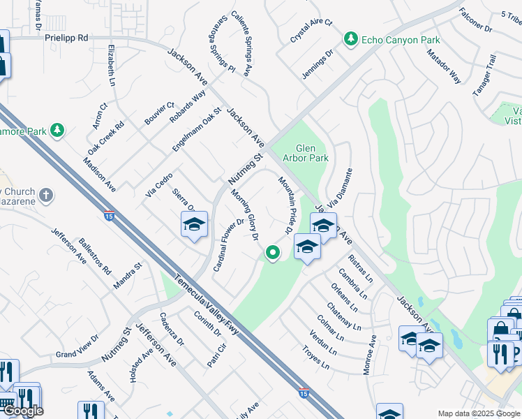 map of restaurants, bars, coffee shops, grocery stores, and more near 23843 Spring Branch Court in Murrieta