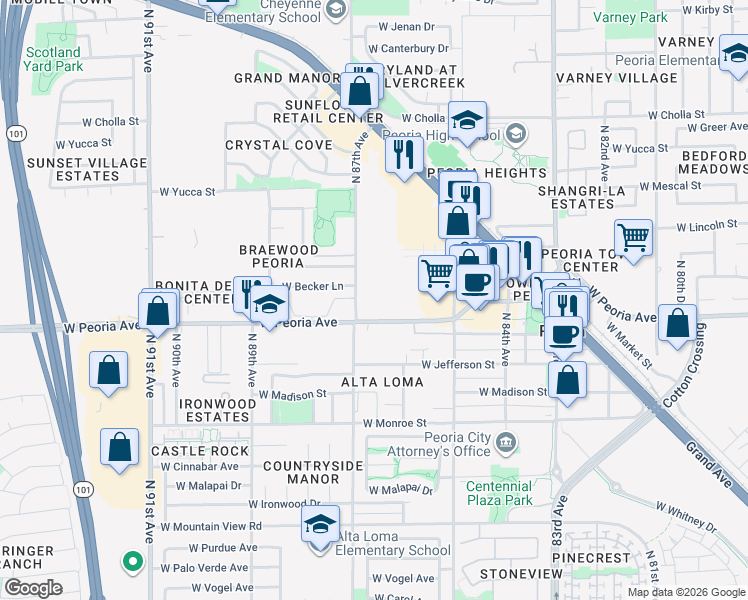 map of restaurants, bars, coffee shops, grocery stores, and more near 8650 West Peoria Avenue in Peoria
