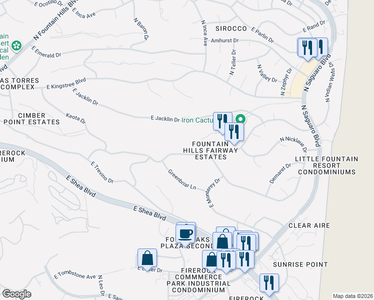 map of restaurants, bars, coffee shops, grocery stores, and more near 16662 East Nicklaus Drive in Fountain Hills