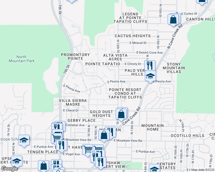 map of restaurants, bars, coffee shops, grocery stores, and more near 10438 North 11th Place in Phoenix