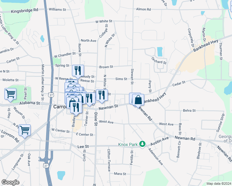 map of restaurants, bars, coffee shops, grocery stores, and more near 220 Cedar Street in Carrollton