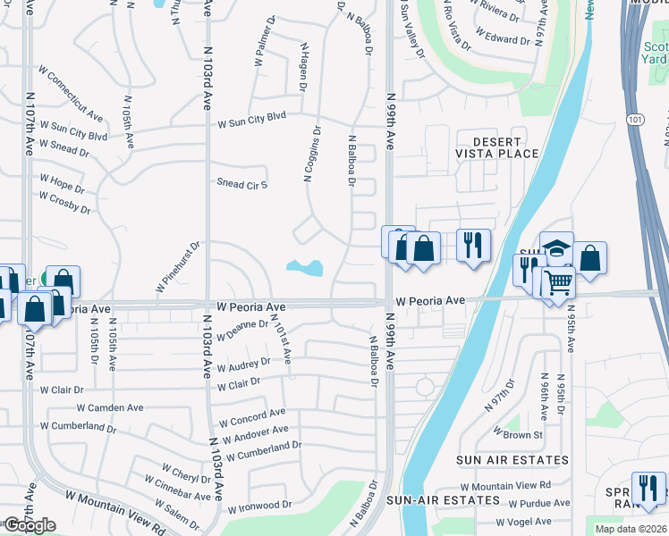 map of restaurants, bars, coffee shops, grocery stores, and more near 10636 North Balboa Drive in Sun City