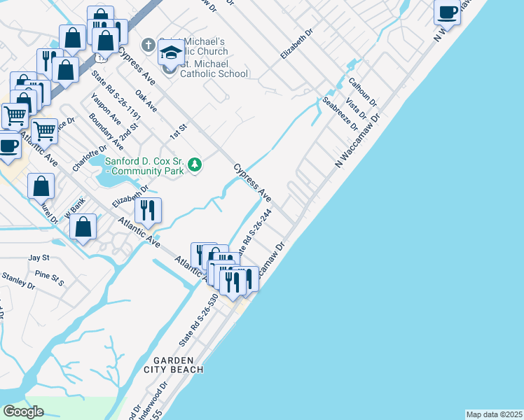 map of restaurants, bars, coffee shops, grocery stores, and more near 503 Dogwood Drive North in Murrells Inlet