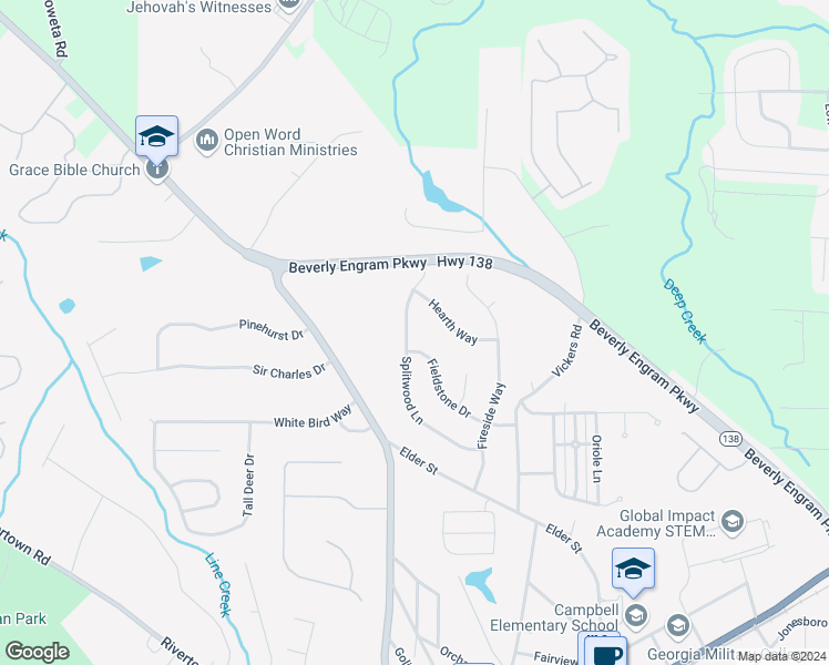 map of restaurants, bars, coffee shops, grocery stores, and more near 250 Splitwood Lane in Fairburn