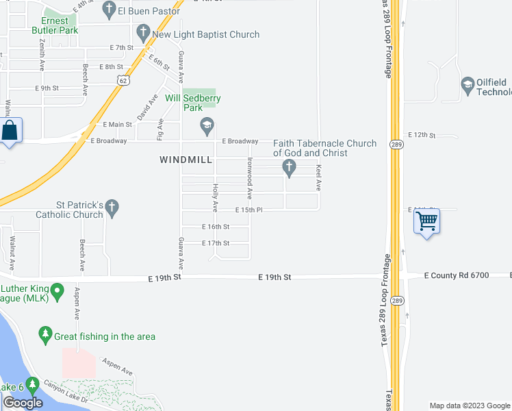 map of restaurants, bars, coffee shops, grocery stores, and more near 3510 East 15th Street in Lubbock