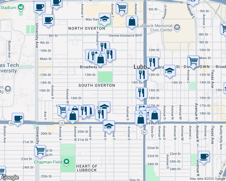 map of restaurants, bars, coffee shops, grocery stores, and more near 2008 15th Street in Lubbock