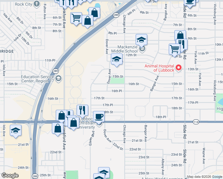 map of restaurants, bars, coffee shops, grocery stores, and more near 5513 16th Street in Lubbock