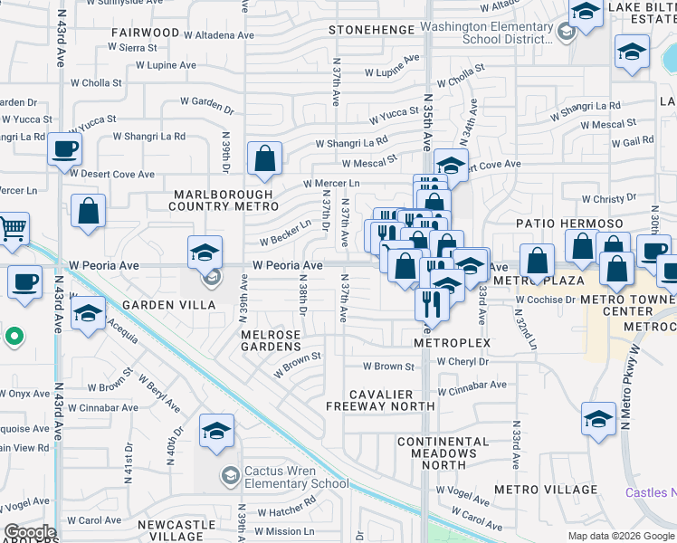 map of restaurants, bars, coffee shops, grocery stores, and more near 3716 West Peoria Avenue in Phoenix