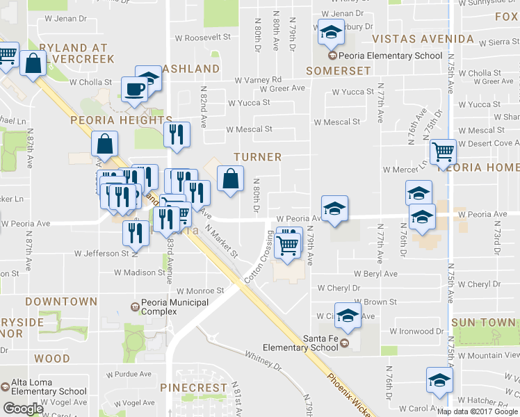 map of restaurants, bars, coffee shops, grocery stores, and more near 10615 North 80th Drive in Peoria