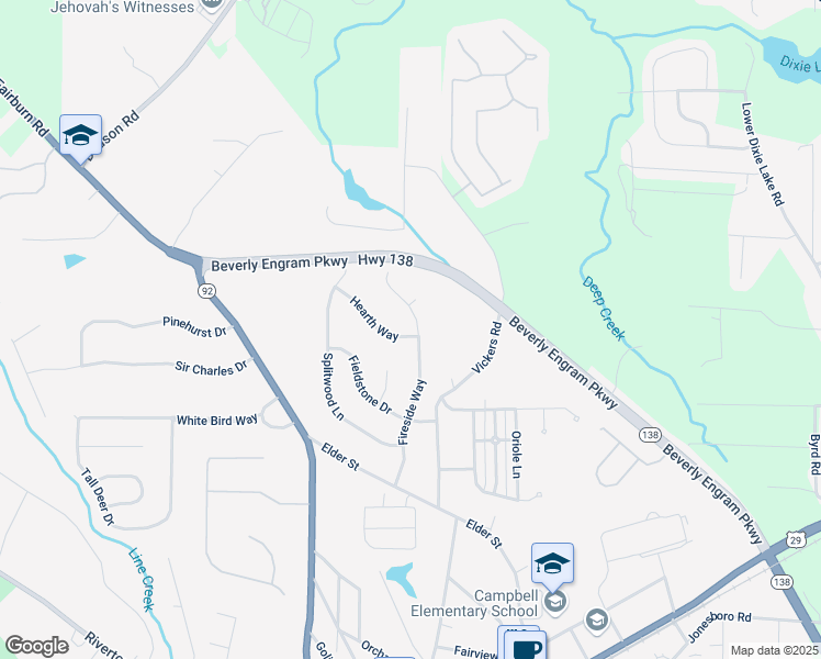 map of restaurants, bars, coffee shops, grocery stores, and more near 225 Fireside Way in Fairburn