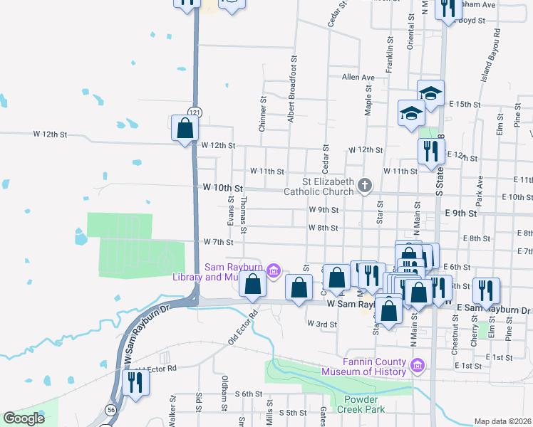 map of restaurants, bars, coffee shops, grocery stores, and more near 820 West 9th Street in Bonham