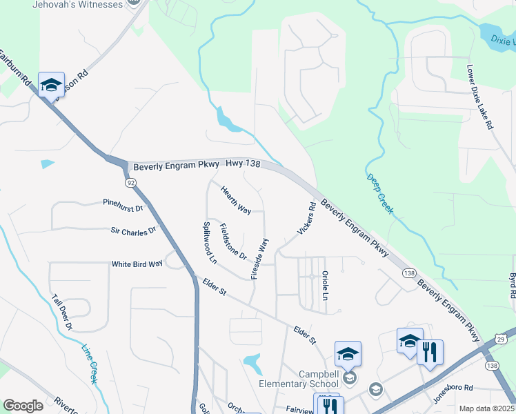 map of restaurants, bars, coffee shops, grocery stores, and more near 225 Fireside Way in Fairburn