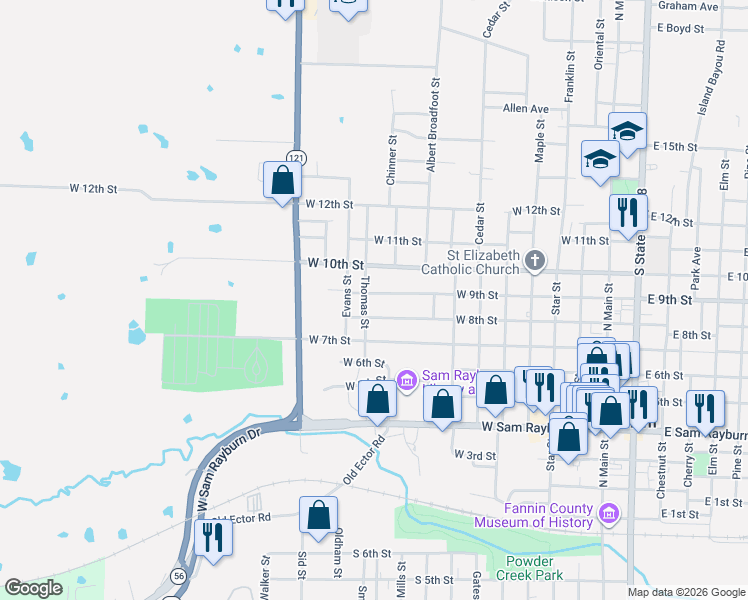 map of restaurants, bars, coffee shops, grocery stores, and more near 921 West 9th Street in Bonham