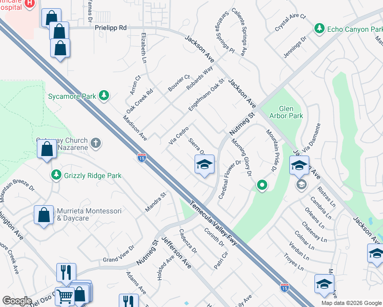 map of restaurants, bars, coffee shops, grocery stores, and more near 23713 Sierra Oak Drive in Murrieta