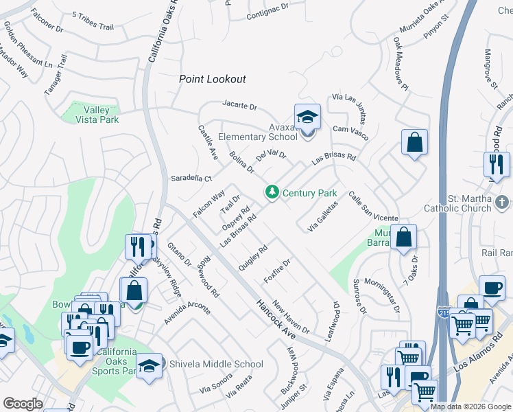 map of restaurants, bars, coffee shops, grocery stores, and more near 39820 Osprey Road in Murrieta