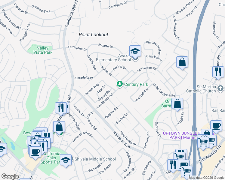 map of restaurants, bars, coffee shops, grocery stores, and more near 39820 Osprey Road in Murrieta