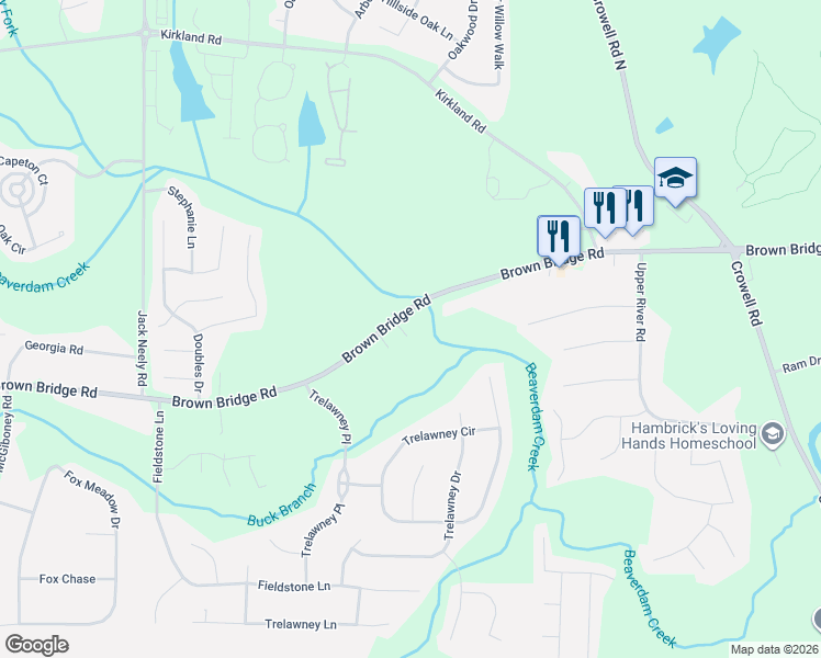 map of restaurants, bars, coffee shops, grocery stores, and more near Brown Bridge Road in Covington