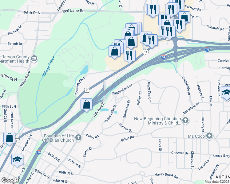 map of restaurants, bars, coffee shops, grocery stores, and more near 407 Cumberland Drive in Birmingham